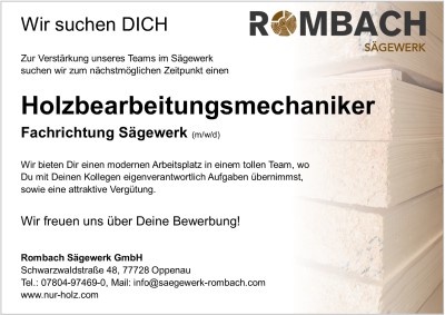 Stellenanzeige Holzbearbeitungsmechaniker Fachrichtung Sägewerk (m/w/d) 