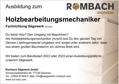 Stellenanzeige Ausbildung zum Holzbearbeitungsmechaniker Fachrichtung Sägewerk (m/w/d)